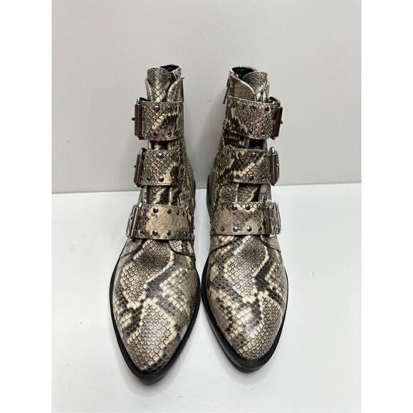 STEVEN NEW YORK Beige Snake Buckle Accent Studded Hazan Almond Toe Block Heel - Picture 6 of 11